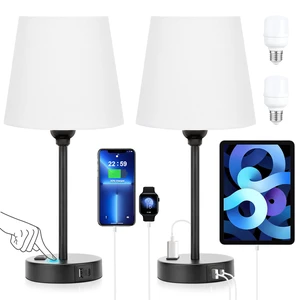 White Bedside Lamps Set 2 for Bedroom - Dimmable Touch, USB C+A, AC Outlet 14.5" Mini Lamp, 3-Way Dimmable, LED Bulbs Included, White Barrel Fabric Lampshade, Nightstand Light for Guest Room, Kids White Bedside Lamps Set 2 for Bedroom - Dimmable Touch, USB C+A, AC Outlet 14.5" Mini Lamp, 3-Way Dimmable, LED Bulbs Included, White Barrel Fabric Lampshade, Nightstand Light for Guest Room, Kids