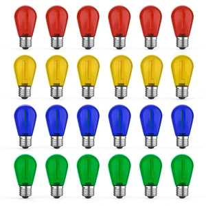 24 Pack LED S14 Colored Light Bulbs for Outdoor String Lights, Shatterproof 1W Replacement Bulbs for Patio Lights, Dimmable, 2200K Warm White, E26 Base, Multi-Color: Red/Blue/Yellow/Green 24 Pack LED S14 Colored Light Bulbs for Outdoor String Lights, Shatterproof 1W Replacement Bulbs for Patio Lights, Dimmable, 2200K Warm White, E26 Base, Multi-Color: Red/Blue/Yellow/Green