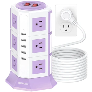 Purple Tower Power Strip with 12 AC Outlets and 5 USB Ports, 1050J Overload Protection, 16AWG 15 Ft Flat Plug Extension Cord, Space Saving Vertical Design for Home Office and Dorm Room Purple Tower Power Strip with 12 AC Outlets and 5 USB Ports, 1050J Overload Protection, 16AWG 15 Ft Flat Plug Extension Cord, Space Saving Vertical Design for Home Office and Dorm Room