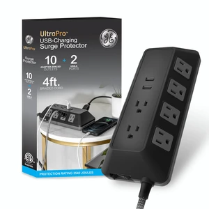 Sur Protector Power Strip with USB Ports, 4 Ft Braided Extension Cord 3540 Joules, 10 Outlet Extender (Wide Spaced), 2 USB-A, Flat Plug, Wall Mount, ETL Safety Certified, Black, 73775 Sur Protector Power Strip with USB Ports, 4 Ft Braided Extension Cord 3540 Joules, 10 Outlet Extender (Wide Spaced), 2 USB-A, Flat Plug, Wall Mount, ETL Safety Certified, Black, 73775