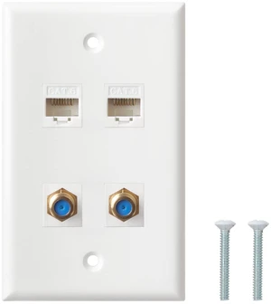 Ethernet Coax Wall Plate - Cat6 F Type Wall Plate, 2 Port Cat6 Keystone and 2 Port F Type Connector Coax Keystone - White Ethernet Coax Wall Plate - Cat6 F Type Wall Plate, 2 Port Cat6 Keystone and 2 Port F Type Connector Coax Keystone - White