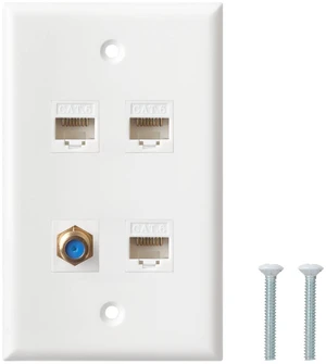 Ethernet Coax Wall Plate, 3 Port Cat6 Keystone Female to Female, 1 Port F Type Connector Coax Keystone Wall Plate - White Ethernet Coax Wall Plate, 3 Port Cat6 Keystone Female to Female, 1 Port F Type Connector Coax Keystone Wall Plate - White