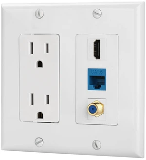 15A Power Outlet, 1 Port HDMI, 1 Cat6 Ethernet, 1 Coax Cable TV Wall Plate in White 15A Power Outlet, 1 Port HDMI, 1 Cat6 Ethernet, 1 Coax Cable TV Wall Plate in White