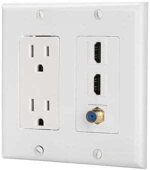 15A Power Outlet, 2 Port HDMI, 1 Coax Cable TV Gold-Plated F Type - Wall Plate in White 15A Power Outlet, 2 Port HDMI, 1 Coax Cable TV Gold-Plated F Type - Wall Plate in White