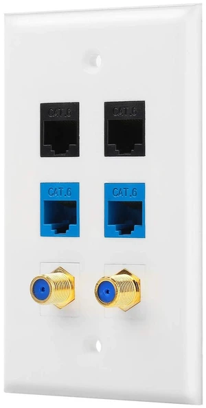 2 Port Gold-Plated Coaxial TV Cable F Type + 4 Port Cat6 Ethernet Female to Female Jack Wall Plate in White 2 Port Gold-Plated Coaxial TV Cable F Type + 4 Port Cat6 Ethernet Female to Female Jack Wall Plate in White