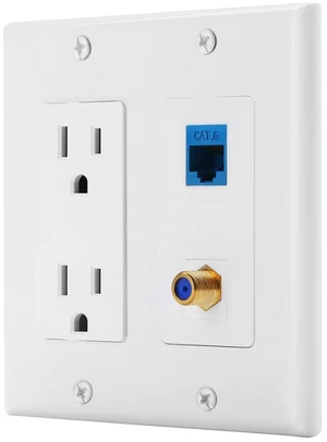 15A Power Outlet, 1 Port Cat6 Ethernet, 1 Port Coax Cable TV Gold-Plated F Type -Wall Plate in White 15A Power Outlet, 1 Port Cat6 Ethernet, 1 Port Coax Cable TV Gold-Plated F Type -Wall Plate in White