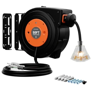 50 FT Retractable Extension Cord Reel, Heavy Duty 12AWG/3C SJTOW Power Cord, Lighted Triple Tap, 15A Circuit Breaker, Wall/Ceiling Mount Electric Cord Reel for Garage & Workshop, ETL Listed, Orange 50 FT Retractable Extension Cord Reel, Heavy Duty 12AWG/3C SJTOW Power Cord, Lighted Triple Tap, 15A Circuit Breaker, Wall/Ceiling Mount Electric Cord Reel for Garage & Workshop, ETL Listed, Orange