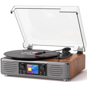 Vintage Vinyl Record Player with Speakers, PC Recording, Brown 3-speed belt drive Bluetooth turntable with LCD and alarm/sleep, RCA/AUX, headphone jack, retro wood décor gift for home Vintage Vinyl Record Player with Speakers, PC Recording, Brown 3-speed belt drive Bluetooth turntable with LCD and alarm/sleep, RCA/AUX, headphone jack, retro wood décor gift for home
