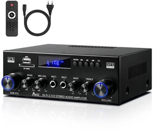 AK52 Stereo Amplifier Home Audio, Bluetooth Receiver Amplifier, 2.1 Ch 2.1 channel for passive speakers and passive subwoofer, FM radio, USB/SD/AUX, dual mic echo, bass treble control, remote AK52 Stereo Amplifier Home Audio, Bluetooth Receiver Amplifier, 2.1 Ch 2.1 channel for passive speakers and passive subwoofer, FM radio, USB/SD/AUX, dual mic echo, bass treble control, remote