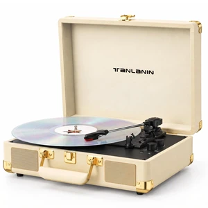 Portable Record Player with Bluetooth Input, 3-Speed Belt-Drive Suitcase Turntable, Built-in Stereo Speakers, Bass/Treble Control, AUX& RCA Output, Headphone Jack, Beige & Gold Portable Record Player with Bluetooth Input, 3-Speed Belt-Drive Suitcase Turntable, Built-in Stereo Speakers, Bass/Treble Control, AUX& RCA Output, Headphone Jack, Beige & Gold
