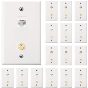 16 Pieces Cat6 Ethernet Coax Wall Plate, F-Type Port, White 2 Port Keystone Jack Wall Plate, with Ethernet Port and Gold-plated TV Coax 16 Pieces Cat6 Ethernet Coax Wall Plate, F-Type Port, White 2 Port Keystone Jack Wall Plate, with Ethernet Port and Gold-plated TV Coax