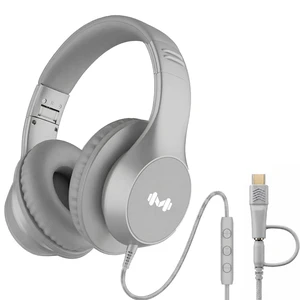 Wired Over-Ear Headphones, Mic, 3.5mm Jack, USB-C Adapter, Silver Foldable over-ear headphones with soft cushions, inline mic, 3.5mm jack, and USB-C adapter for school, office, and travel Wired Over-Ear Headphones, Mic, 3.5mm Jack, USB-C Adapter, Silver Foldable over-ear headphones with soft cushions, inline mic, 3.5mm jack, and USB-C adapter for school, office, and travel