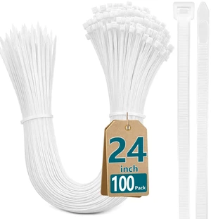 24 Inch Zip Ties,100 Pcs White Self Locking Cable Zip Heavy Duty 12mm Wide UV Resistant Nylon 66 Wire Ties for Outdoor Cable Management, Fence, Tarps, Garden 24 Inch Zip Ties,100 Pcs White Self Locking Cable Zip Heavy Duty 12mm Wide UV Resistant Nylon 66 Wire Ties for Outdoor Cable Management, Fence, Tarps, Garden