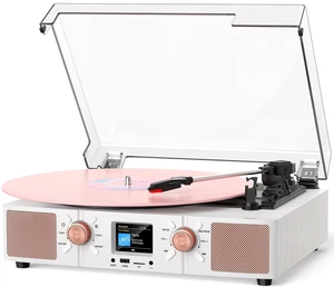 Vinyl Record Player with Built-in Speakers, Vintage 3-Speed Bluetooth Turntable with USB Playback, LCD Display, Clock, RCA/Headphone/AUX Jacks, Belt-Driven LP Player, White Rose Gold Vinyl Record Player with Built-in Speakers, Vintage 3-Speed Bluetooth Turntable with USB Playback, LCD Display, Clock, RCA/Headphone/AUX Jacks, Belt-Driven LP Player, White Rose Gold