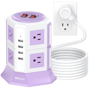 Purple Tower Power Strip with 8 AC Outlets and 4 USB Ports, 1050J Overload Protection, 16AWG 15 Ft Flat Plug Extension Cord, Space Saving Vertical Design for Home Office and Dorm Room Purple Tower Power Strip with 8 AC Outlets and 4 USB Ports, 1050J Overload Protection, 16AWG 15 Ft Flat Plug Extension Cord, Space Saving Vertical Design for Home Office and Dorm Room