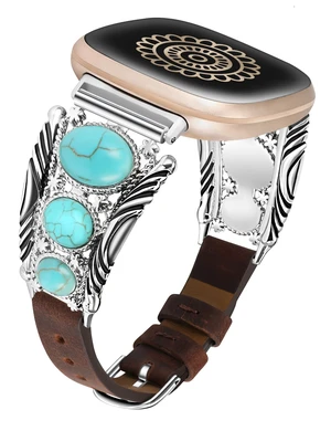 Leather Band Compatible with Fitbit Versa 4/Versa 3/Sense 2/Sense Band Women, Western Turquoise Boho Vintage Cowboy Retro Jewelry Adjustable Slim Replacement Wristband Strap for Versa 4/ Sense Leather Band Compatible with Fitbit Versa 4/Versa 3/Sense 2/Sense Band Women, Western Turquoise Boho Vintage Cowboy Retro Jewelry Adjustable Slim Replacement Wristband Strap for Versa 4/ Sense