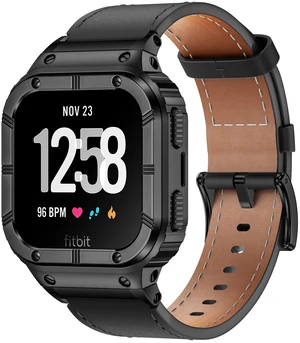 Leather Bands with Stainless Steel Case Compatible with Fitbit Versa 1 2 3 4 Lite Sense 2 1 Protective case for men Leather Bands with Stainless Steel Case Compatible with Fitbit Versa 1 2 3 4 Lite Sense 2 1 Protective case for men