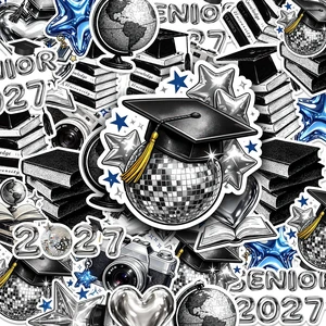 16pcs-3in Senior 2027 Stickers, Silver Graduation Pack Scarpbook Decoration, silver chrome look with black and blue accents, featuring caps, books, globes, hearts and stars 16pcs-3in Senior 2027 Stickers, Silver Graduation Pack Scarpbook Decoration, silver chrome look with black and blue accents, featuring caps, books, globes, hearts and stars