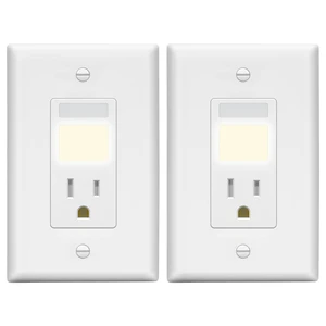 15A Outlet, LED, Motion Sensor, PIR Guide Light Receptacle, 2-Pack Matte White, Adjustable Time Delay, Tamper-Resistant, Wall Plate Included, UL Listed, Thermoplastic, Daylight Sensor 15A Outlet, LED, Motion Sensor, PIR Guide Light Receptacle, 2-Pack Matte White, Adjustable Time Delay, Tamper-Resistant, Wall Plate Included, UL Listed, Thermoplastic, Daylight Sensor