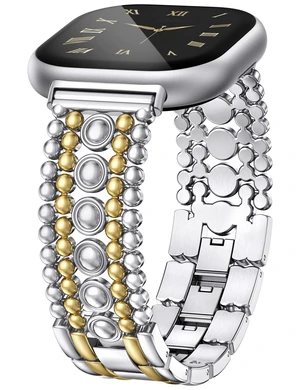 Metal Bands Compatible with Fitbit Sense 2/Versa 4/Versa 3/Sense Bands Women, Pretty Dressy Stainless Steel Metal Dual Tone Adjustable Round Studded Link Bracelet Replacement Strap for Versa 4 Metal Bands Compatible with Fitbit Sense 2/Versa 4/Versa 3/Sense Bands Women, Pretty Dressy Stainless Steel Metal Dual Tone Adjustable Round Studded Link Bracelet Replacement Strap for Versa 4