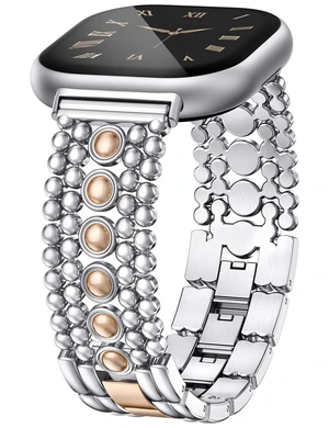 Metal Bands Compatible with Fitbit Sense 2/Versa 4/Versa 3/Sense Bands Women, Pretty Dressy Stainless Steel Metal Dual Tone Adjustable Round Studded Link Bracelet Replacement Strap for Versa 4 Metal Bands Compatible with Fitbit Sense 2/Versa 4/Versa 3/Sense Bands Women, Pretty Dressy Stainless Steel Metal Dual Tone Adjustable Round Studded Link Bracelet Replacement Strap for Versa 4