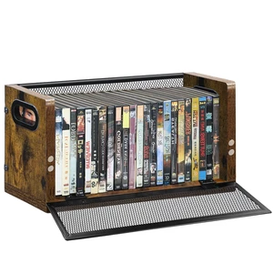 DVD Storage Rack, 1 Pack DVD Case Holder Organizer for 28 DVDs or 32 Blu-ray Cases, Wood and Metal Media Shelf with Handles for Desktop or Closet DVD Storage Rack, 1 Pack DVD Case Holder Organizer for 28 DVDs or 32 Blu-ray Cases, Wood and Metal Media Shelf with Handles for Desktop or Closet
