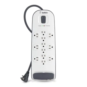 12-Outlet Surge Protector Power Strip, 3000J, 8ft Cord, Angled Plug grounded 3-prong outlets, coax and telephone line protection, home office, entertainment center 12-Outlet Surge Protector Power Strip, 3000J, 8ft Cord, Angled Plug grounded 3-prong outlets, coax and telephone line protection, home office, entertainment center