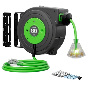 50 FT Retractable Extension Cord Reel, Heavy Duty 12AWG/3C SJTOW Power Cord, Lighted Triple Tap, 15A Circuit Breaker, Wall/Ceiling Mount Electric Cord Reel for Garage & Workshop, ETL Listed, Green 50 FT Retractable Extension Cord Reel, Heavy Duty 12AWG/3C SJTOW Power Cord, Lighted Triple Tap, 15A Circuit Breaker, Wall/Ceiling Mount Electric Cord Reel for Garage & Workshop, ETL Listed, Green