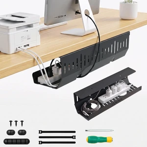 Under Desk Cable Management Tray (16.5 in, Metal, Black) Powder-coated steel C-shaped tray holds power strips and adapters with open cable access for desks and workstations Under Desk Cable Management Tray (16.5 in, Metal, Black) Powder-coated steel C-shaped tray holds power strips and adapters with open cable access for desks and workstations