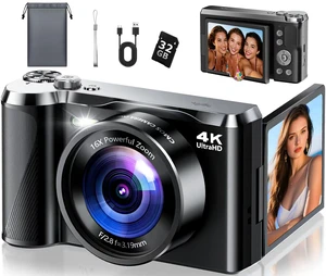 4K Digital Camera for Photography & Travel, 56MP Autofocus Point and Shoot Camera with 3'' 180° Flip Screen, 16X Zoom Compact Camera for Beginners, Content Creators, Teens (32GB Card) 4K Digital Camera for Photography & Travel, 56MP Autofocus Point and Shoot Camera with 3'' 180° Flip Screen, 16X Zoom Compact Camera for Beginners, Content Creators, Teens (32GB Card)