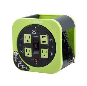 4 Reel and USB. 25ft Cable Green 16 AWG SJT cable, 2.4A fast-charge USB, compact storage reel design 4 Reel and USB. 25ft Cable Green 16 AWG SJT cable, 2.4A fast-charge USB, compact storage reel design
