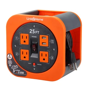 25 Ft. Retractable Extension Cord Reel with 3 Outlets, 2 USB Ports, 16AWG 3-Prong SJT Cable, Built-in Circuit Breaker, Orange 25 Ft. Retractable Extension Cord Reel with 3 Outlets, 2 USB Ports, 16AWG 3-Prong SJT Cable, Built-in Circuit Breaker, Orange