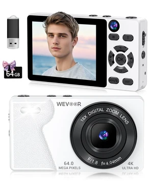 4K Digital Camera for Photography- 64MP Autofocus Vlogging Camera with Dual Lens, 18X Digital Zoom- Small Point and Shoot Camera with Card and 2000mAh for YouTube, Travel, Beginners (White) 4K Digital Camera for Photography- 64MP Autofocus Vlogging Camera with Dual Lens, 18X Digital Zoom- Small Point and Shoot Camera with Card and 2000mAh for YouTube, Travel, Beginners (White)