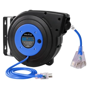 45 Ft Retractable Extension Cord Reel, 12 AWG/3C SJTOW Heavy Duty Power Cord with 3 Electrical Outlets, 15 AMP Circuit Breaker, Lighted Triple Tap, Ceiling or Wall Mount, UL Listed 45 Ft Retractable Extension Cord Reel, 12 AWG/3C SJTOW Heavy Duty Power Cord with 3 Electrical Outlets, 15 AMP Circuit Breaker, Lighted Triple Tap, Ceiling or Wall Mount, UL Listed