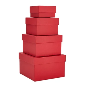 Red Gift Box Set - 4 Square Nesting Containers, 6.5x6.5x4 to 3.5x3.5x2 in - Lidded Gift & Storage Containers, Stackable Space-Saving Design Red Gift Box Set - 4 Square Nesting Containers, 6.5x6.5x4 to 3.5x3.5x2 in - Lidded Gift & Storage Containers, Stackable Space-Saving Design