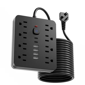 10 Ft Power Strip Flat Extension Cord with 8 AC Outlets, 6 USB Ports (2 USB C) & One-Touch Switch, Wall Mountable Desk Charging Station for Office Home Travel, Black 10 Ft Power Strip Flat Extension Cord with 8 AC Outlets, 6 USB Ports (2 USB C) & One-Touch Switch, Wall Mountable Desk Charging Station for Office Home Travel, Black