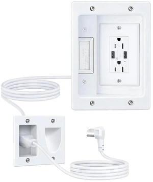 Cord Hider for Wall Mount TV with AC Outlets, 2X USB-A Ports in-Wall Cable Management Kit, Includes 6ft Extension Cord, Drill Templates Cord Hider for Wall Mount TV with AC Outlets, 2X USB-A Ports in-Wall Cable Management Kit, Includes 6ft Extension Cord, Drill Templates