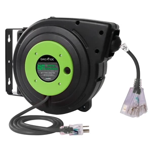 45 Ft Retractable Extension Cord Reel, 12 AWG/3C SJTOW Heavy Duty Power Cord with 3 Electrical Outlets, 15 AMP Circuit Breaker, Lighted Triple Tap, Ceiling or Wall Mount, UL Listed 45 Ft Retractable Extension Cord Reel, 12 AWG/3C SJTOW Heavy Duty Power Cord with 3 Electrical Outlets, 15 AMP Circuit Breaker, Lighted Triple Tap, Ceiling or Wall Mount, UL Listed