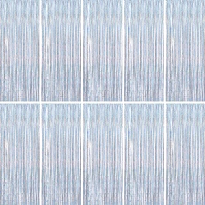 Holographic Silver Fringe Curtain 10 Pack 3 x 8 Ft Dorm Decor Holographic silver tinsel reflects shifting rainbow tones while adhesive backs simplify setup on walls doorways and arches Holographic Silver Fringe Curtain 10 Pack 3 x 8 Ft Dorm Decor Holographic silver tinsel reflects shifting rainbow tones while adhesive backs simplify setup on walls doorways and arches