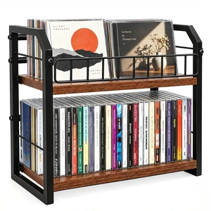 2-Tier CD Storage Rack, CD Holder Holds Up to 60 CDs with Display Top Shelf, Metal and Wood CD Organizer Stand for Standard Jewel Cases, Compact Desktop CD Shelf for Home Office 2-Tier CD Storage Rack, CD Holder Holds Up to 60 CDs with Display Top Shelf, Metal and Wood CD Organizer Stand for Standard Jewel Cases, Compact Desktop CD Shelf for Home Office