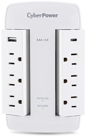 CSP600WSURC5 Professional Surge Protector 900J/125V, 6 Swivel Outlets, 1 USB-C Charge Port, Wall Tap Design, White, UL listed CSP600WSURC5 Professional Surge Protector 900J/125V, 6 Swivel Outlets, 1 USB-C Charge Port, Wall Tap Design, White, UL listed