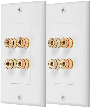Home Theater Speaker Wire Wall Plate, White - 2 Pack Two Speaker Premium Quality Gold Plated Copper Banana Plug Coupler Outlet Distribution Faceplate for Surround Sound Audio System Wire Home Theater Speaker Wire Wall Plate, White - 2 Pack Two Speaker Premium Quality Gold Plated Copper Banana Plug Coupler Outlet Distribution Faceplate for Surround Sound Audio System Wire