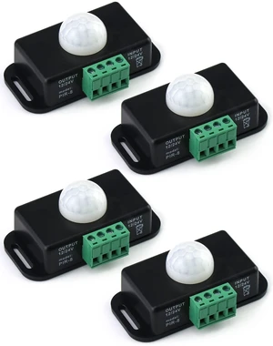 Motion Sensor LED Switch (4 Pack) with Timer Function, 12-24V, 6A, 5-8M Induction Distance, 1-10 Min Adjustable Delay Time, 60 Degree Field of View Motion Sensor LED Switch (4 Pack) with Timer Function, 12-24V, 6A, 5-8M Induction Distance, 1-10 Min Adjustable Delay Time, 60 Degree Field of View