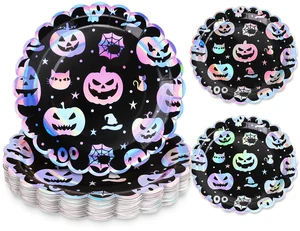 50 Pcs Iridescent Halloween Disposable Party Plates Silver Evil Pumpkin Skull Cat Paper Plate Color-Changing Holographic Dinner Plates for Trick or Treat Spooky Kitchen Supplies, 9 Inch 50 Pcs Iridescent Halloween Disposable Party Plates Silver Evil Pumpkin Skull Cat Paper Plate Color-Changing Holographic Dinner Plates for Trick or Treat Spooky Kitchen Supplies, 9 Inch