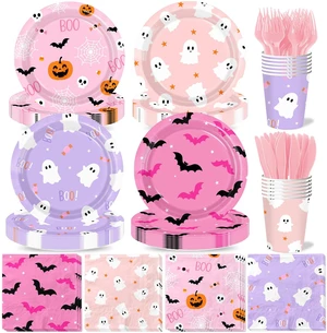 Pink Halloween Plates, Ghost Party Tableware Set, 144Pcs Pink Halloween Plates, Ghost Party Tableware Set, 144Pcs