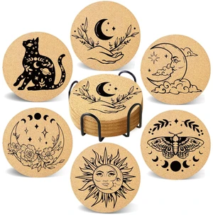 Coasters for Drinks with Holder Set of 6, Vintage Sun Moon Absorbent Cork Wood Coaster for Cup Desk Office Table Decor House Warming Gifts, Round 4" Coasters for Drinks with Holder Set of 6, Vintage Sun Moon Absorbent Cork Wood Coaster for Cup Desk Office Table Decor House Warming Gifts, Round 4"