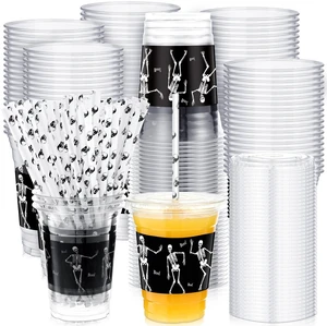 meekoo 50 Sets Skeleton Cup with Flat Lids and Straws 12 oz | White Black Skeleton Bone Plastic Cups, clear Drink Disposable Cups with Lids for Halloween Decoration Mega Haunted House meekoo 50 Sets Skeleton Cup with Flat Lids and Straws 12 oz | White Black Skeleton Bone Plastic Cups, clear Drink Disposable Cups with Lids for Halloween Decoration Mega Haunted House