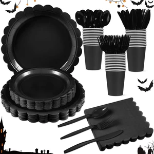 25 Set Black Plates and Napkin Scalloped Black Halloween Dinnerware 25 Set Black Plates and Napkin Scalloped Black Halloween Dinnerware