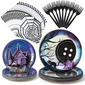 BOpusail 96P Starry Night Ghost House Party Tableware Set, Party Supplies for Kids Birthday School Spooky Night Button Eyes heme Serves 24 Guests, Disposable Dinnerware Paper Dessert Napkins Forks BOpusail 96P Starry Night Ghost House Party Tableware Set, Party Supplies for Kids Birthday School Spooky Night Button Eyes heme Serves 24 Guests, Disposable Dinnerware Paper Dessert Napkins Forks