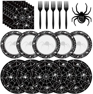 96 Pcs Halloween Plates and Napkins Set - Black Spider Webs Dinner Dessert Paper Plates Cocktail Napkins Forks Disposable Tableware for Spiderweb Halloween Party Decorations Supplies Favors, Serve 24 96 Pcs Halloween Plates and Napkins Set - Black Spider Webs Dinner Dessert Paper Plates Cocktail Napkins Forks Disposable Tableware for Spiderweb Halloween Party Decorations Supplies Favors, Serve 24